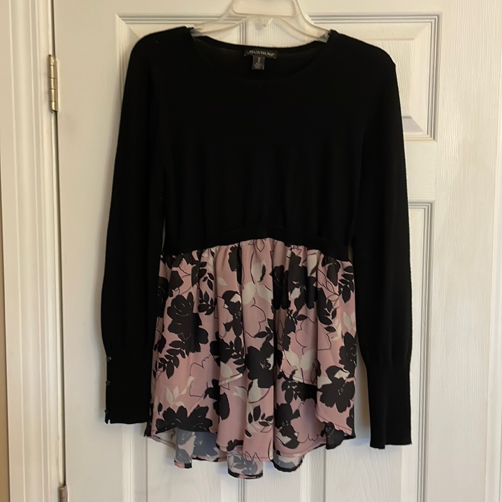 Maternity top. Black sweater with pink/black/white flowery chiffon detail